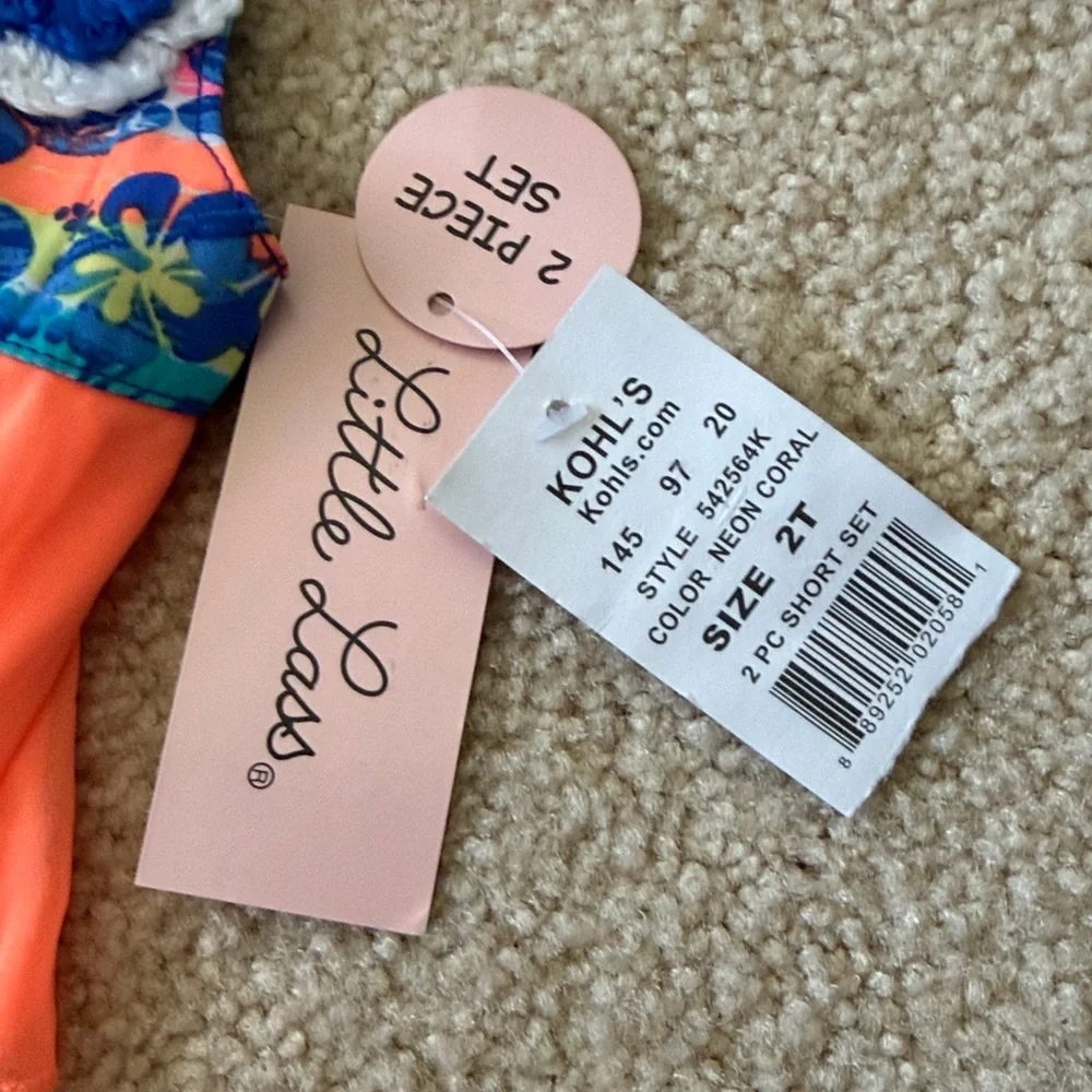 Little Lass Neon Orange Tiered Ruffle Tank with Tropical Floral Shorts - Picture 2 of 5